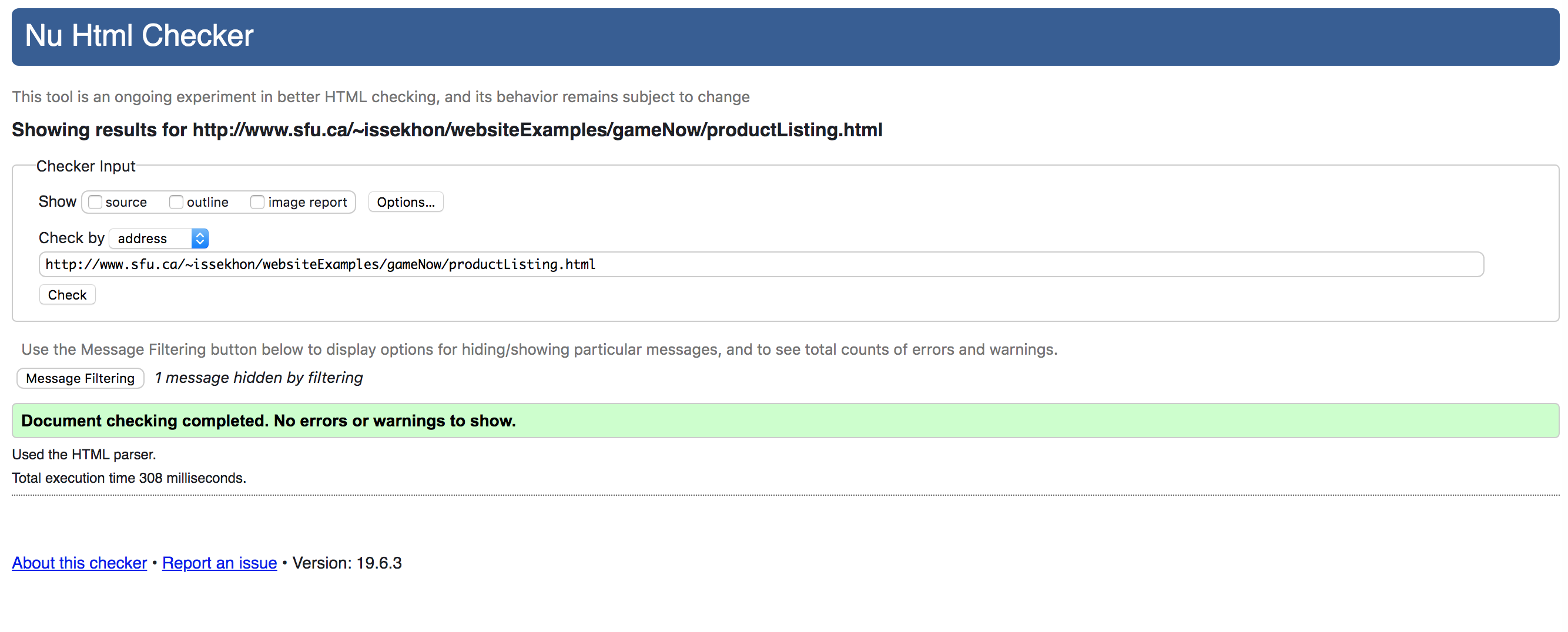 Validation test of website code